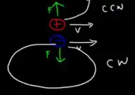 In the same magnetic field, a proton (⊕) circles counter-clockwise while an electron (⊖) circles clockwise — opposite circulation directions because the magnetic force on the electron is reversed.