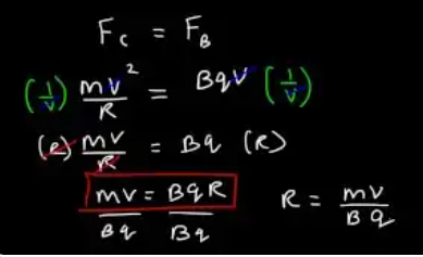 Algebra deriving R = mv/(Bq). Set centripetal force = magnetic force: mv²/R = Bqv. Cancel one v and rearrange: mv = BqR → R = mv/(Bq).