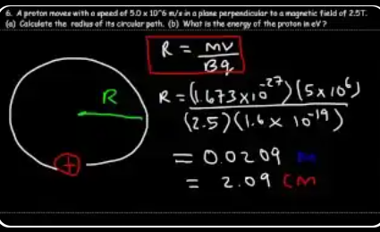 Example 6a: proton with v = 5 × 10⁶ m/s, B = 2.5 T. R = mv/(Bq) = (1.673 × 10⁻²⁷)(5 × 10⁶) / (2.5 × 1.6 × 10⁻¹⁹) = 0.0209 m = 2.09 cm.