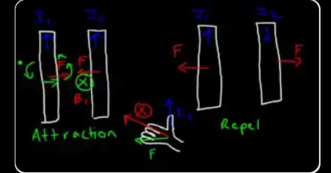 Left: two parallel wires with currents in the same direction (both north). They attract each other. Right: two wires with opposite currents — they repel. RHR diagram below shows the reasoning.