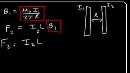 Force between two wires: B₁ = μ₀I₁/(2πR), then F₂ = I₂ L B₁ → F₂ = I₂ L · μ₀I₁/(2πR). The two wires are separated by distance R.