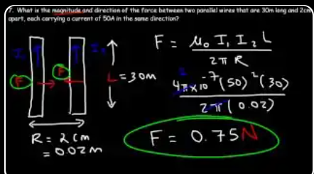 Summary card for Example 7: F = 0.75 N, direction = attraction. The two forces point toward each other (each wire pulled toward the other).